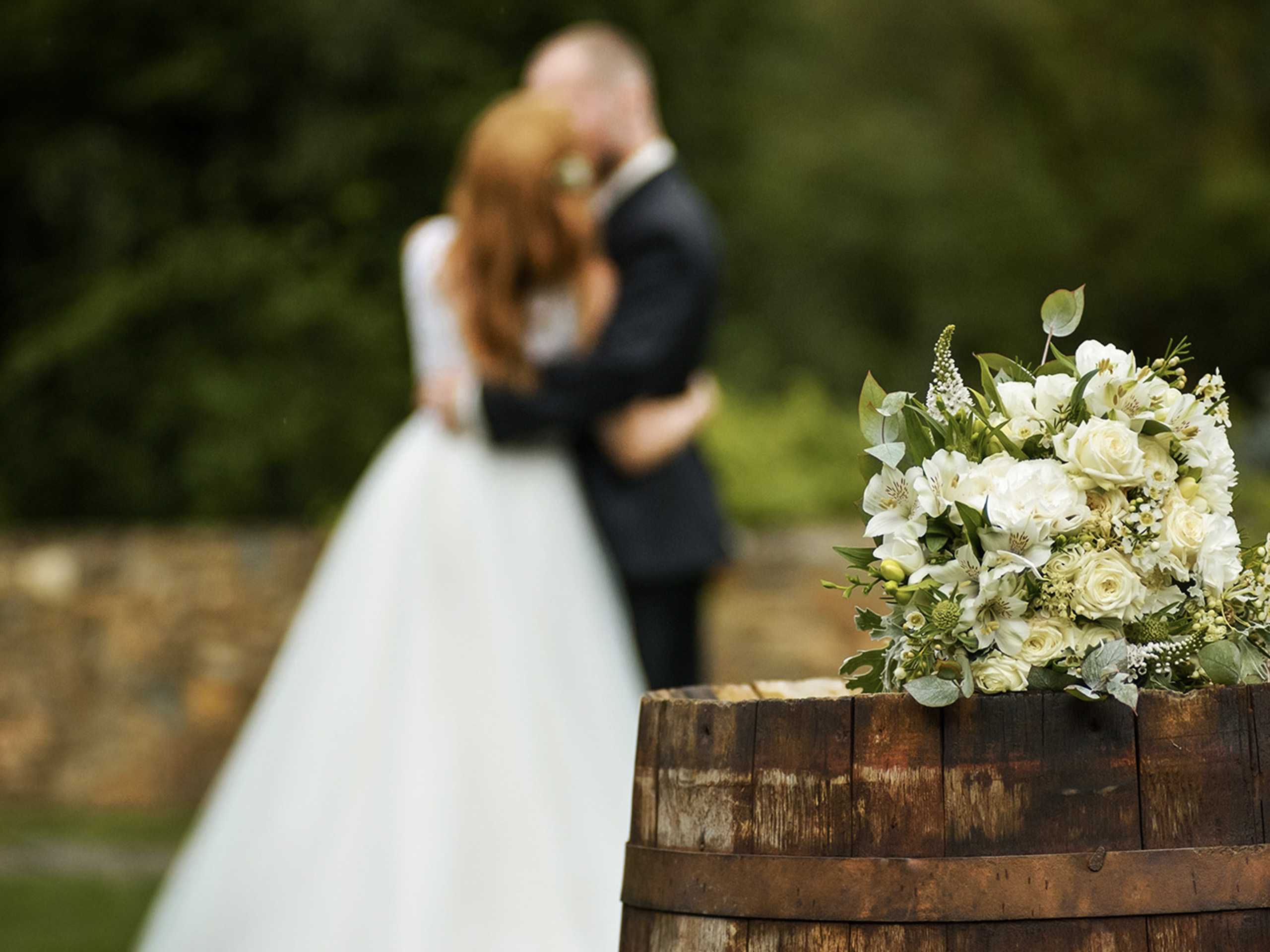 wedding couple with barrel
